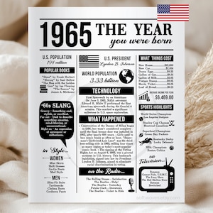 1965, el año en que naciste - Póster de periódico retro / Datos curiosos de 1965, recuerdo de 60 cumpleaños y letrero de fiesta imprimible, descarga digital