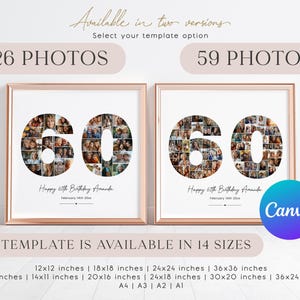 May include: Two digital photo frames with a rose gold border, each displaying a 60th birthday photo collage. The collages are made up of smaller photos arranged to form the number 60. The text "Happy 60th Birthday Amanda" is below each collage. The frames are available in 14 sizes, including 10x8 inches, 12x12 inches, 18x18 inches, 24x24 inches, 36x36 inches, 14x11 inches, 20x16 inches, 24x18 inches, 30x20 inches, 36x24 inches, A4, A3, A2, and A1.
