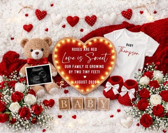 Valentine"s Day Pregnancy Announcement Roses are red Love is Sweet: Social Media Baby Reveal (Canva Template Digital Download)