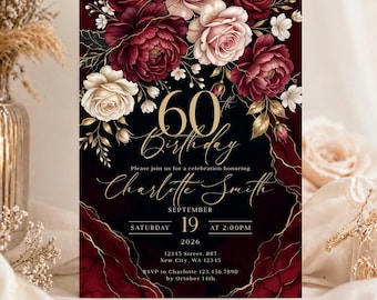 Elegant 60th Birthday Invitation Template, Editable in Canva, Burgundy Floral Gold Invite, Printable & Mobile, Instant Download