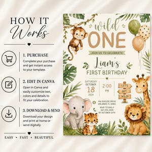 Convite de Aniversário "Wild One" no Canva, Modelo Editável para Festa de Aniversário com Tema Safari, Convite para o Primeiro Aniversário de Menino com Animais da Selva, Download Imediato imagem 4