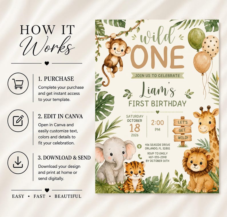 Convite de Aniversário "Wild One" no Canva, Modelo Editável para Festa de Aniversário com Tema Safari, Convite para o Primeiro Aniversário de Menino com Animais da Selva, Download Imediato imagem 4