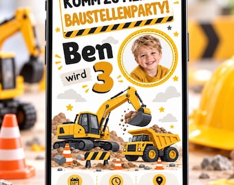 Digitale Einladung Kindergeburtstag Bagger Baustelle mit Foto | Personalisierbare Canva Vorlage | E-Card WhatsApp Einladung Junge