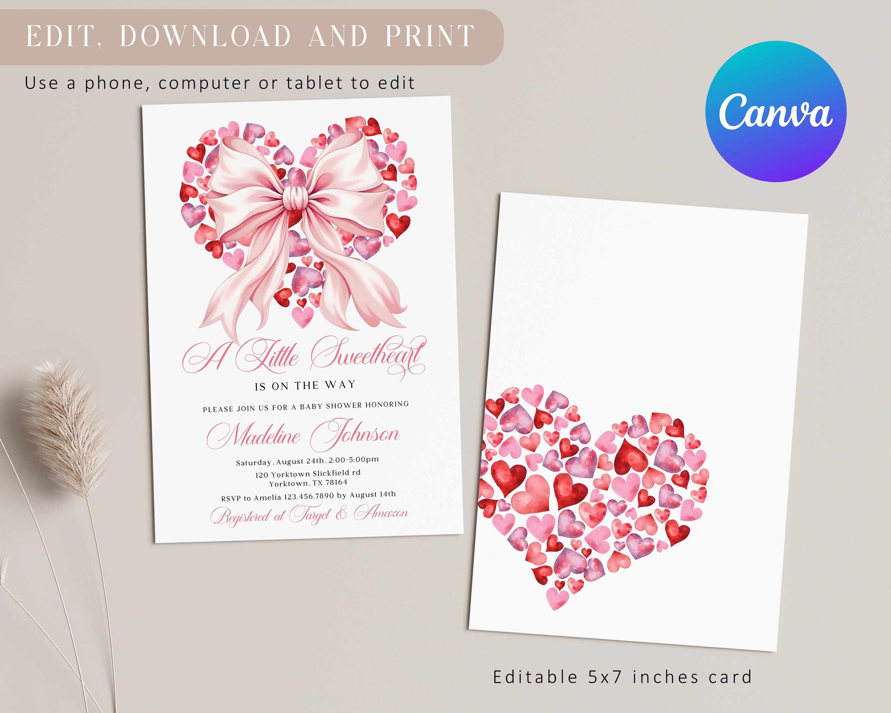 Pink Invitations Heart Valentine Baby Shower Invitation: Pink Bow, Red Hearts (canva Template ...