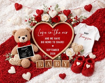 Baby Announcement Valentines Day: Love in the air - Social Media Pregnancy Reveal (Canva Template Digital Download)