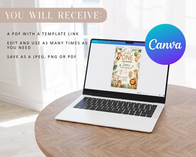 Convite de Aniversário "Wild One" no Canva, Modelo Editável para Festa de Aniversário com Tema Safari, Convite para o Primeiro Aniversário de Menino com Animais da Selva, Download Imediato imagem 5