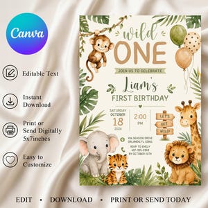 Pode incluir: Um cart&atilde;o de convite de anivers&aacute;rio retangular com ilustra&ccedil;&otilde;es em aquarela de um macaco, elefante, tigre, girafa e le&atilde;o cercados por folhas tropicais e bal&otilde;es. O texto diz wild ONE, Liam's FIRST BIRTHDAY e detalhes do evento.