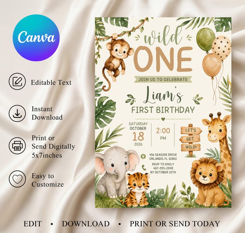 Pode incluir: Um cart&atilde;o de convite de anivers&aacute;rio retangular com ilustra&ccedil;&otilde;es em aquarela de um macaco, elefante, tigre, girafa e le&atilde;o cercados por folhas tropicais e bal&otilde;es. O texto diz wild ONE, Liam's FIRST BIRTHDAY e detalhes do evento.