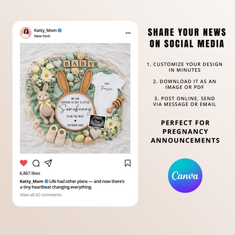 Easter Pregnancy Announcement: Editable Spring Baby Announcement A Little Somebunny is on the way Social Media Canva Template (Digital) image 2