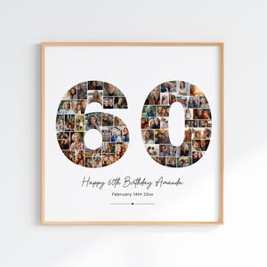 May include: A white photo collage in a wooden frame. The collage is made up of photos arranged in the shape of the number 60. The text "Happy 60th Birthday Amanda" and "February 14th 20xx" is below the number.