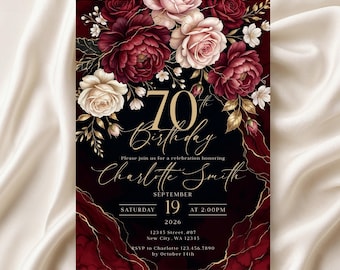 70th Birthday Invitation Template, Burgundy Floral Gold, Editable Canva Invite (Digital Download)