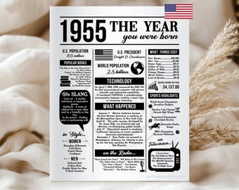 1955 The Year You Were Born - Retro Newspaper Poster | Back in 1955 Fun Facts 70th Birthday Keepsake & Party Sign Printable Digital Download