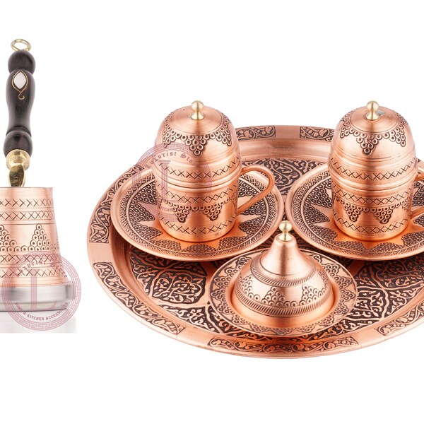 Hand-engraved Copper Turkish Coffee set for Two (2 coffee cups with lids + 1 Sugar bowl + 1 Round Tray + 1 copper coffee pot 200ml)