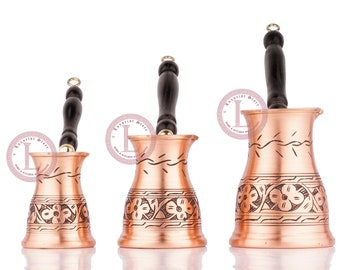 Hand-engraved Turkish Copper Coffee Pot set of 3 sizes (250ml - 8.4oz) (350ml - 11.8oz) (450ml - 15.2oz) 100% Copper and wooden handles