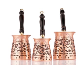 Hand-engraved Turkish Copper Coffee Pot set of 3 sizes (250ml - 8.4oz) (350ml - 11.8oz) (450ml - 15.2oz) 100% Copper and wooden handles