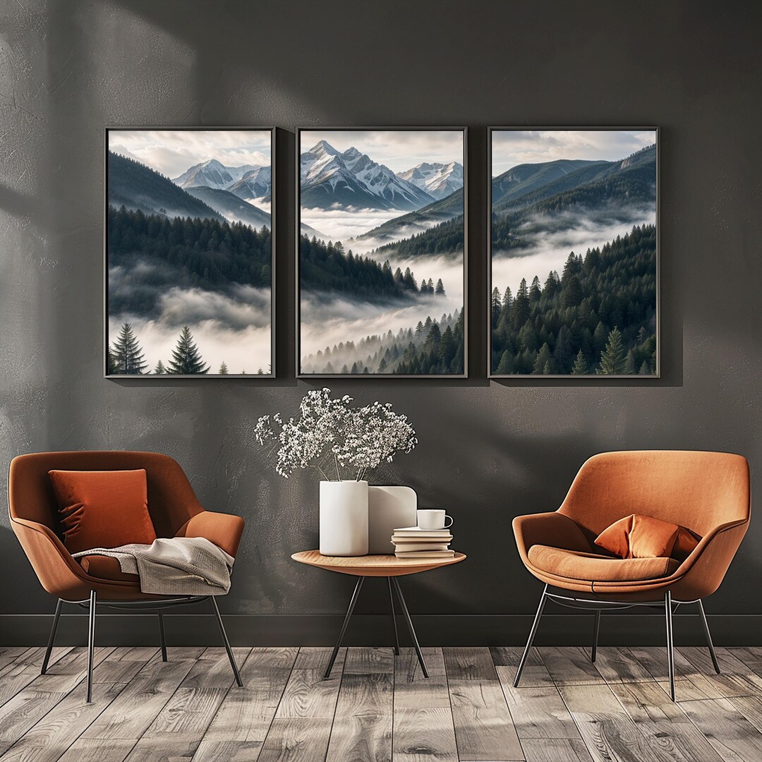 Serene Mountain and Forest Triptych Wall Art | Misty Mountain Range and ...