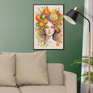 Floral Fruit Crown Portrait Art Print: Whimsical Woman Canvas