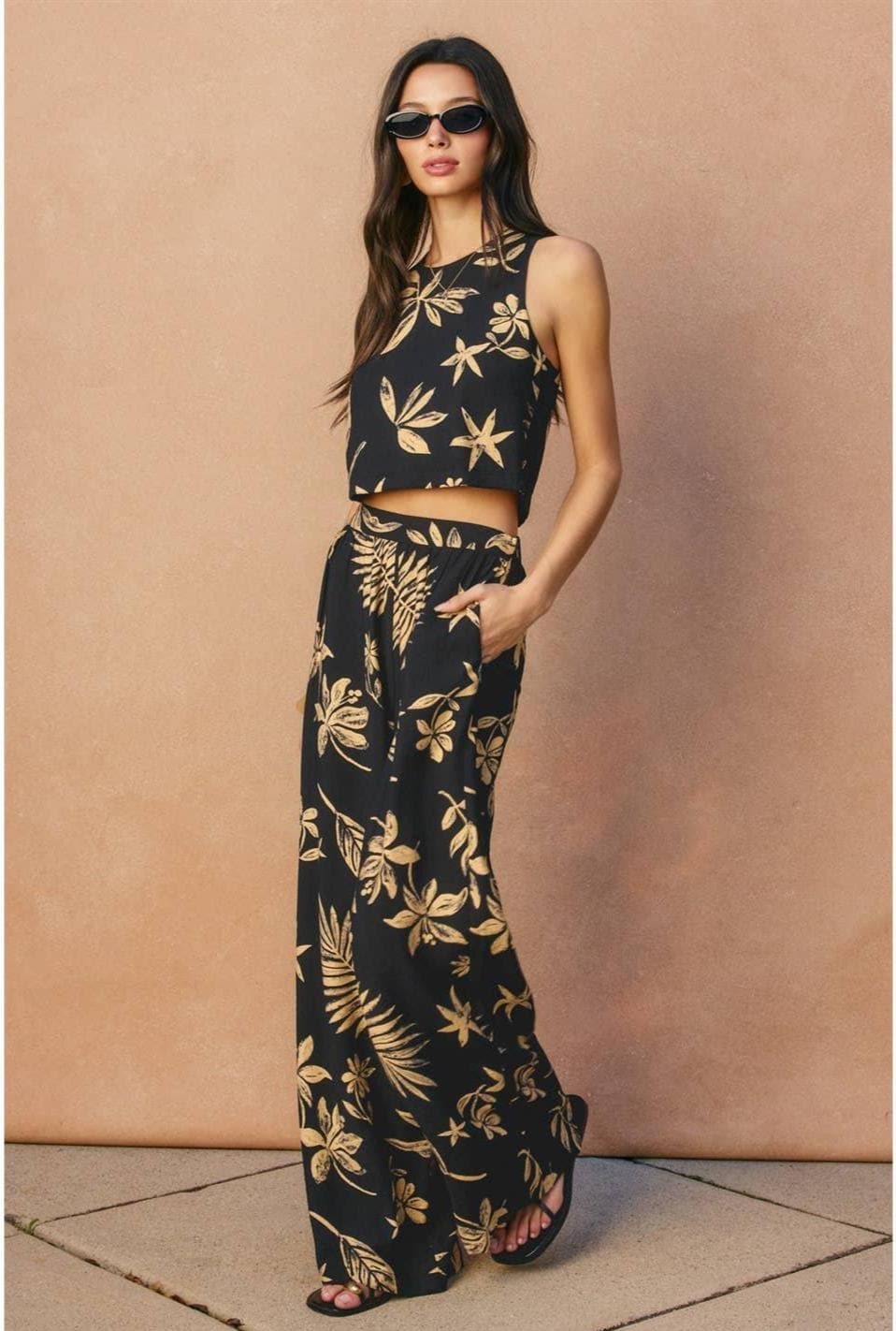 Tropical Linen Two Piece Pant Set Women's Resort Wear Beach Vacation Outfit Coastal Chic Matching Set