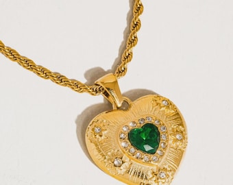 18K Gold Non-Tarnish Green Heart Necklace