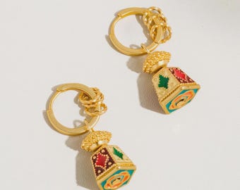18K Gold South Asian Multi - Color Jhumka Earrings