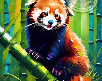 Bamboo Red Panda in Bamboo Forest, Vibrant Wildlife Digital Art Download