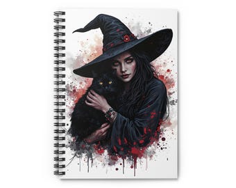 Quaderno con strega gotica e gatto nero - Diario a spirale dark fantasy - Righe