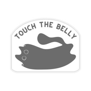 May include: A white sticker with a gray cat silhouette and the text "Touch the belly".