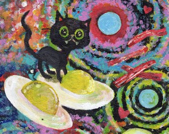 Kattenvoer schilderij met spek en eieren