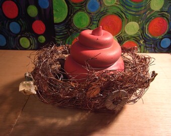 one of a kind 'Nest Egg' - multimedia sculpture made with squeezable poop, guitar strings, found objects, and wire