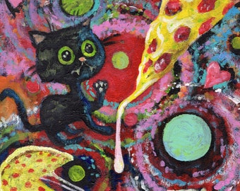 Cat Food schilderij met kosmische pizza digitale download