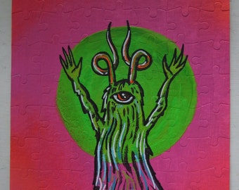 originele 'Magenta Puzzler nummer één' handgeschilderde legpuzzel