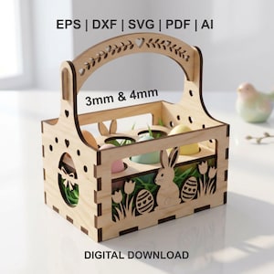 Koszyk wielkanocny z 6 jajkami, wycinany laserowo, plik SVG, szablon SVG koszyka z wielkanocnym zajączkiem, stojącym zajączkiem wielkanocnym w formacie DXF, wycinany laserowo