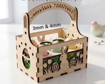 File svg di Pasqua con 6 uova, cestino con taglio laser, modello di cestino porta uova di Pasqua con coniglietto in piedi, dxf, taglio laser di Pasqua