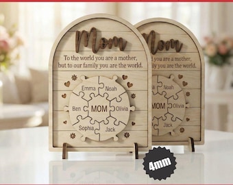 3D Personalized Mom Puzzle Sign SVG, Mother’s Day Lasercut Wooden with Stand, Custom Names Family Puzzle Gift, Glowforge CNC Engraving Files