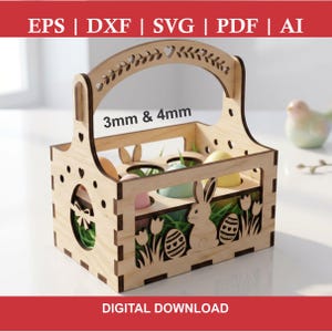 イースターエッグ6個入りバスケットレーザーカットSVGファイル GlowforgeイースターバニーエッグホルダーバスケットSVGテンプレート 立っているイースターバニーDXF イースターレーザーカット