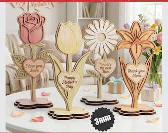 Personalized Mother’s Day Flower Stand SVG Bundle, Heart Mom Table Sign Laser Cut SVG, Layered Wooden Floral Stand Decor, Glowforge xTool