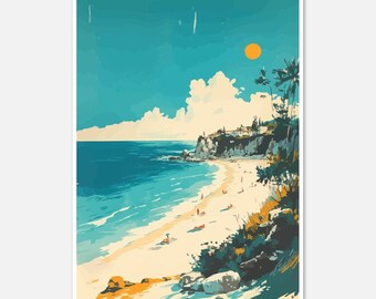 Vintage Beach Scene Poster – 1950s Travel Vibe