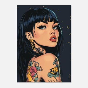 Tattooed woman in splashed dots comic poster