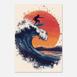 May include: A silhouette of a surfer riding a wave with a large orange sun in the background. The wave is blue and white with splashes of white paint.