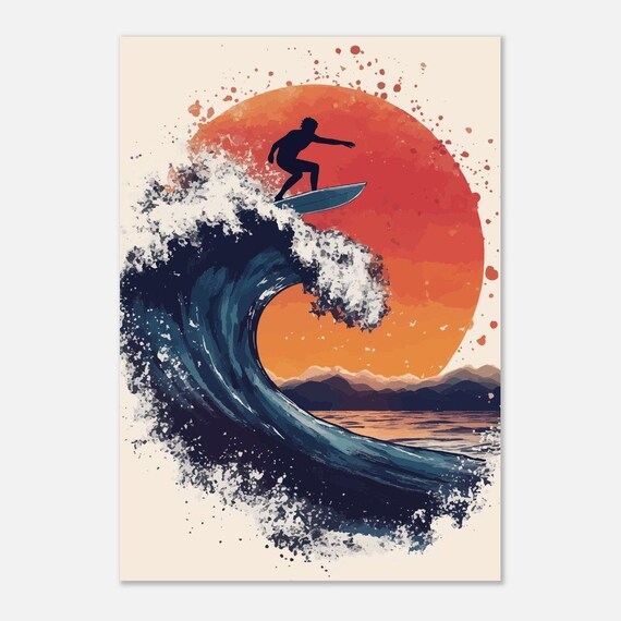 壮大なサーフィンポスター - ダイナミックな波と夕日のアート - Etsy 日本