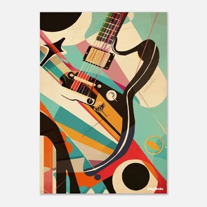 May include: Abstract art print featuring a colourful, geometric design with a black electric guitar in the foreground. The guitar has a white body and a black pickguard. The background is a mix of turquoise, orange, yellow, and red.