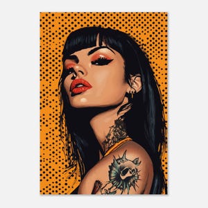 Tattooed woman in black and orange comic poster