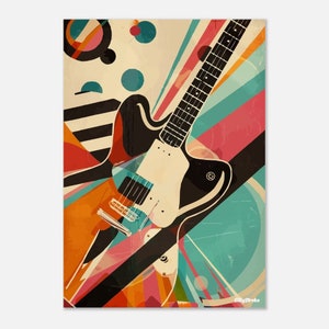 May include: A retro-style illustration of a black and white electric guitar with a brown body, set against a colourful abstract background with geometric shapes and circles.
