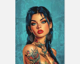 Pop Art Poster – Bold Tattooed Woman in Comic Style