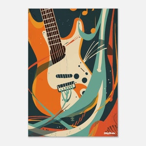 May include: Abstract illustration of an orange and white electric guitar against a black background. The guitar is surrounded by colourful abstract shapes and lines.