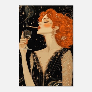 May include: A woman with red hair and a black dress with gold accents holds a glass of wine and smokes a cigarette. The background is a dark blue with gold stars.