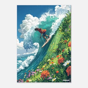 May include: A surfer rides a large wave that is covered in green grass and colorful flowers. The wave is breaking over a grassy cliff. The surfer is wearing a red shirt and blue shorts. The text "SillyStroke" is in the bottom right corner of the image.