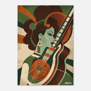 May include: A retro-style illustration of a person playing a guitar. The person has brown hair and is wearing a green and white shirt. The guitar is brown and has a white stripe down the middle. The background is a mix of green, orange, and brown.
