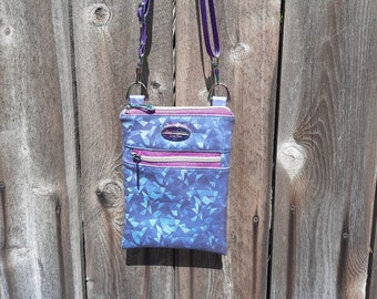 Purple Crossbody Purse, Cell Phone Bag, On the go Bag, Purple Blue Cross body Bag, Purple Patterned Cell Phone Bag, Handmade, Crossbody