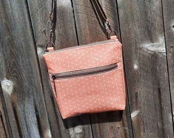 Coral Polka Dot Faux Leather Bag, Coral Cross body Bag, Faux Leather Crossbody Purse, Handcrafted Bag, Cell phone Bag